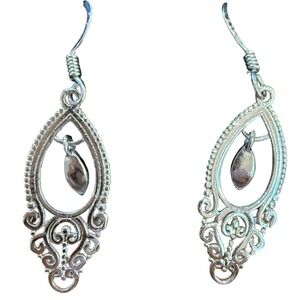 Silver Filigree Teardrop Dangle Earrings Boho Scrollwork Leaf Charm French Wire